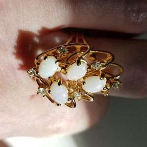 Genuine Opal and Diamond/CZ(?) Cluster Ring-18K gold electroplate(stamped)-As Is